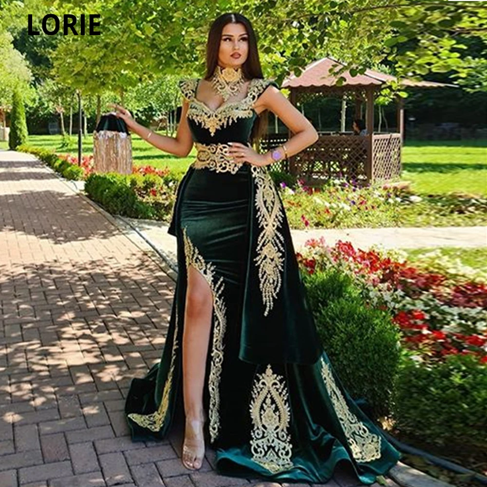 LORIE vestido de noche caftán marroquí verde oscuro, vestido Formal de sirena de Dubái, vestidos de celebridades de encaje formales, tallas grandes, abertura alta Sexy