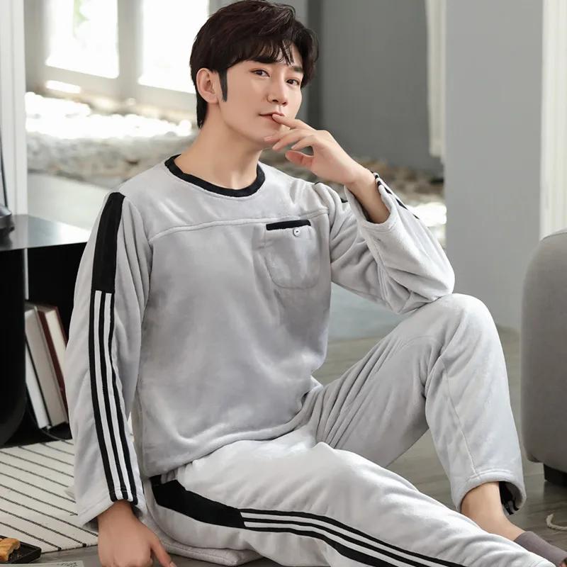 New Winter Thick Warm Men Coral Fleece Pajamas Set Long Sleeve Round Neck Loose Soft Male Lounge Homewear Suits