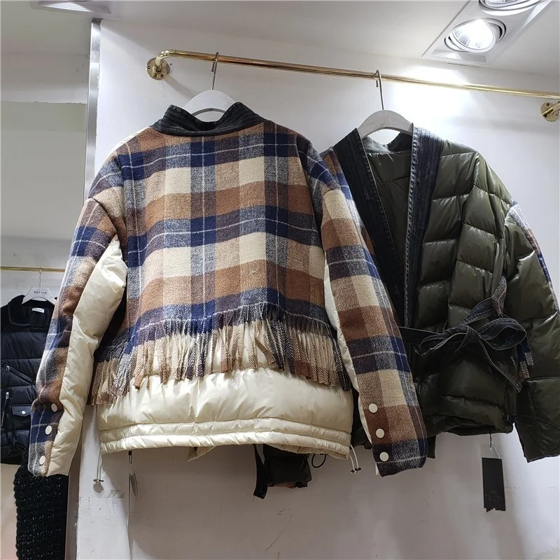 Green Army Denim Collar Down Jacket Female Patchwork Plaid Wool Tassel Sashes Pockets 2022 New Winter Thickening Outerwear