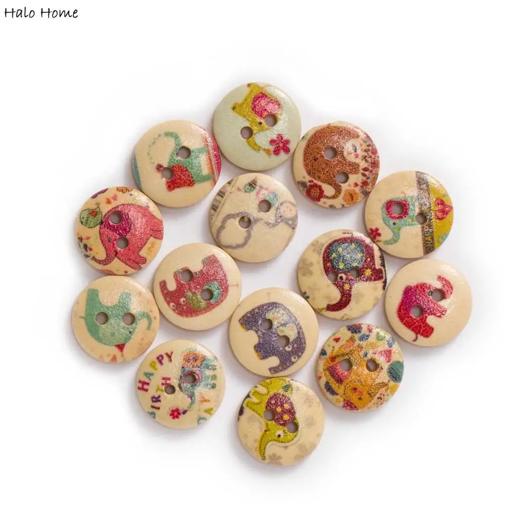 50pcs Cartoon Elephant Theme Round Wooden buttons Sewing Scrapbook Clothing Gifts Crafts Handwork Accessories 15mm