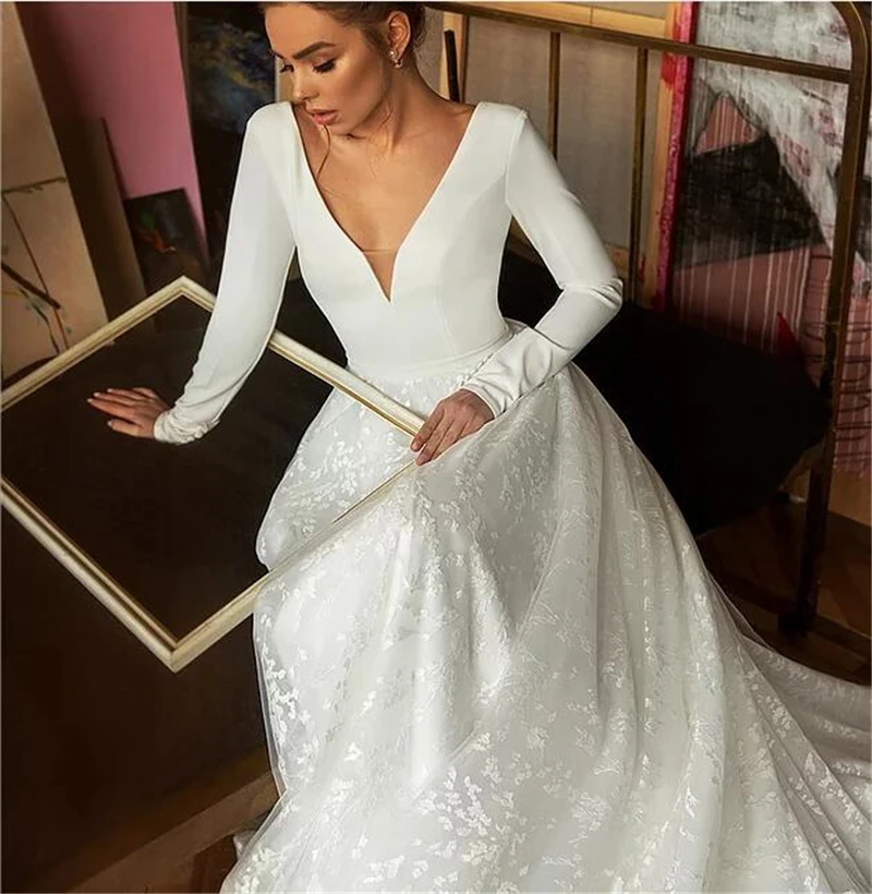 Vestidos de casamento muçulmano a linha com decote em v mangas compridas apliques boho dubai árabe vestido de noiva vestido de noiva