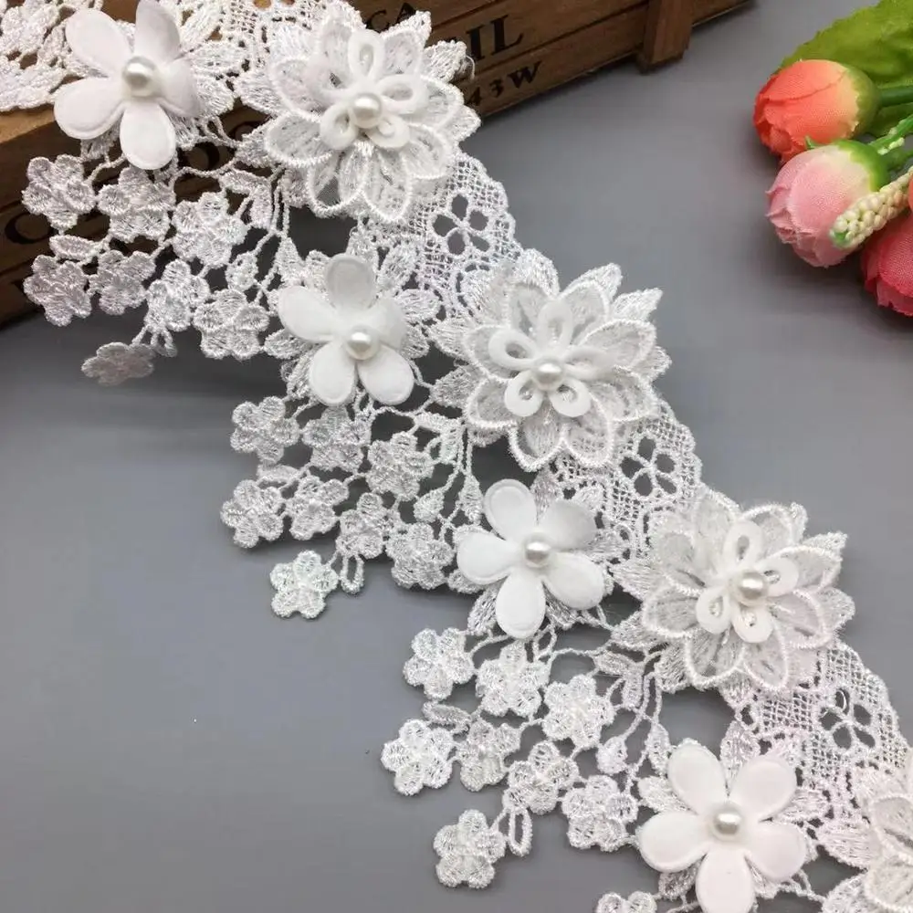 1 yard White 3D Flower Pearl Embroidered Net Lace Fabric Trim Ribbons DIY Sewing Handmade Wedding Dress Clothe Craft Materials