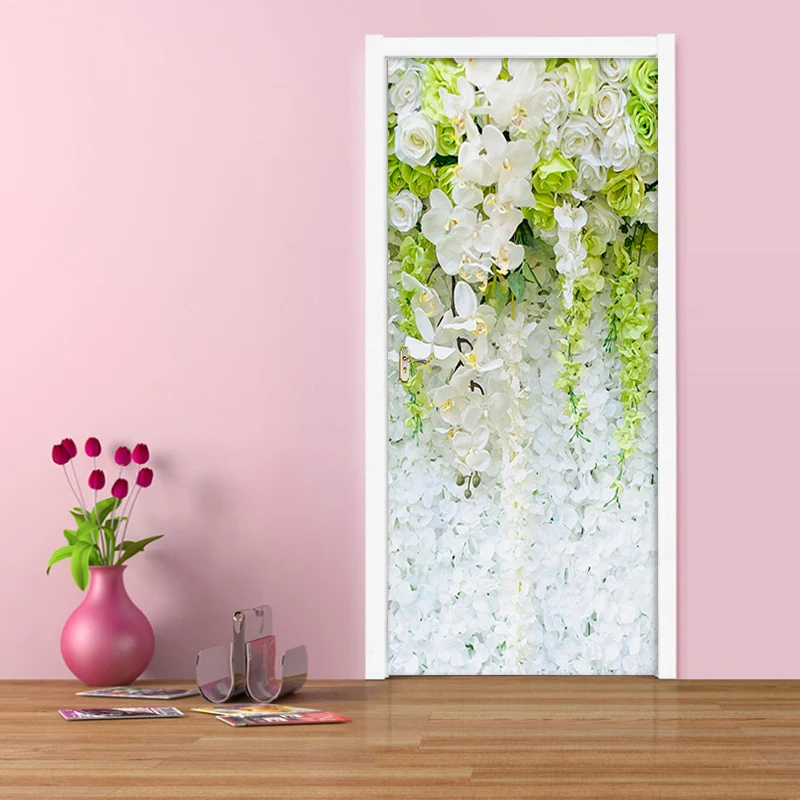 3D Wit Rose Groen Blad PVC zelfklevende afneembare deursticker muurschildering behang sticker woonkamer slaapkamer deur decor poster