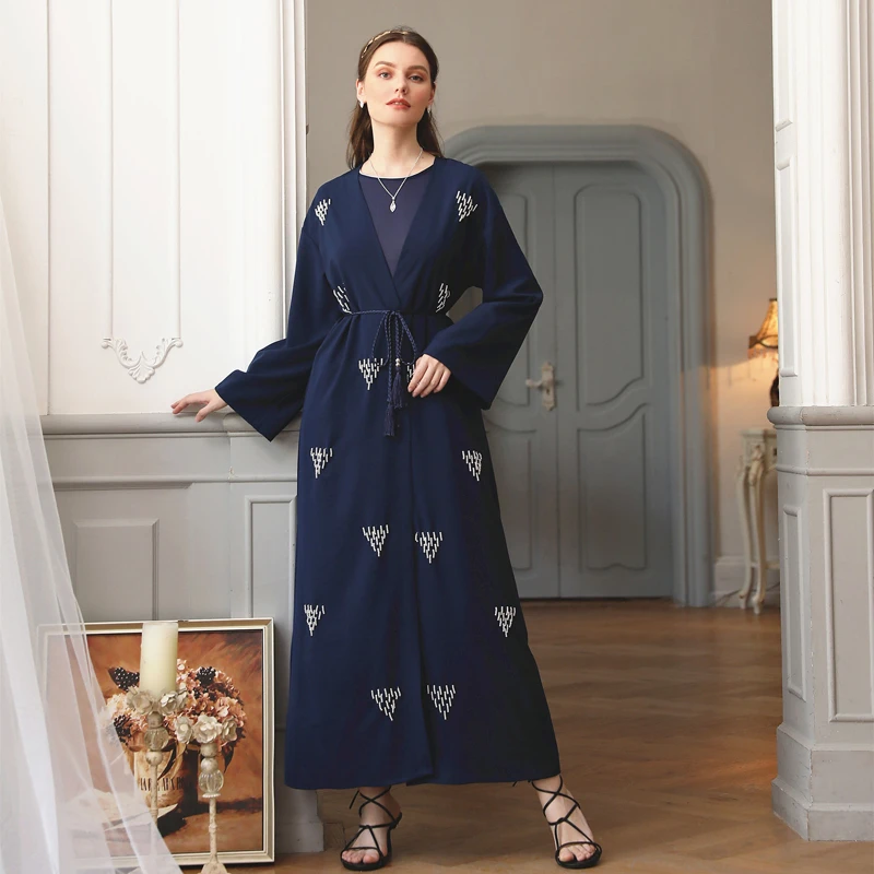 Abaya Women's Clothing Fashion New Blue Long Sleeve Pearl Lacing Maxi Robes Muslim Female Casual Clothing Formal Evening Dresses