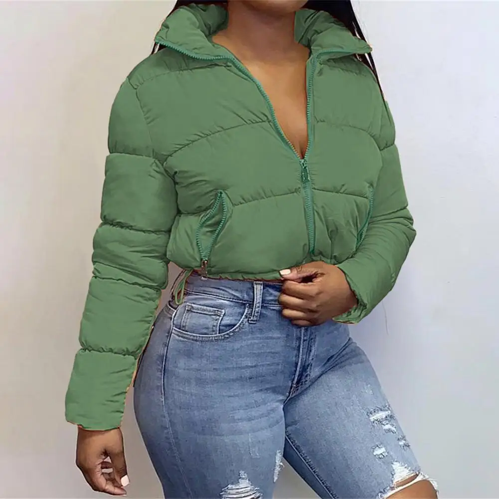 Women Winter Long Sleeve Zipper Puffer Jacket Stand Collar Warm Parka Fashion Short Outwear Thick Down Bubble Coats 2021