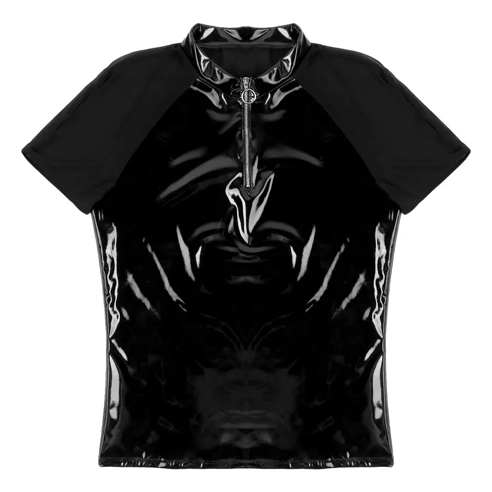 Mens Sexy Shiny Leather T-Shirt Erotic Sheath Wetlook Latex Coat Male Glossy Metallic PVC Leather Jacket Porn Short-sleeved Tops