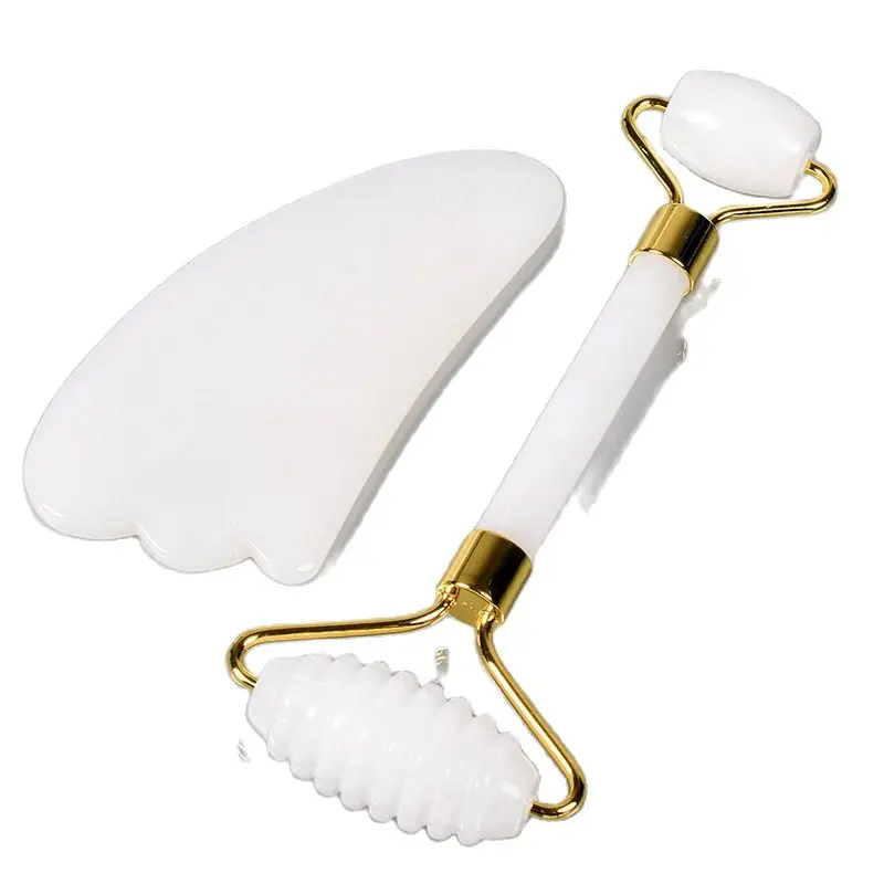 Witte Jade Gezichtsverzorging Massage Zaagtand Roller Gua Sha Tool Set Crystal Mineral Stone Gezondheid Eye Huid Acupunctuur Schoonheid Massager