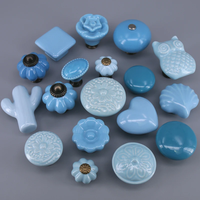 1x Blue Mediterranean Style Ceramic Kids Drawer Knobs Cute Cactus Owl Flower Shape Door Knobs Kitchen Cabinet Pulls Drawer Knobs