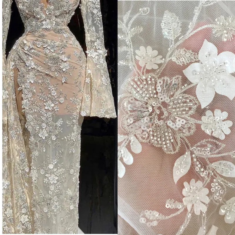 

4Color Luxury Beaded Applique Bridal Lace Fabric Silver Embroidery Flowers and Leaves Sequins High-end Dress Fabric Lace RS3792