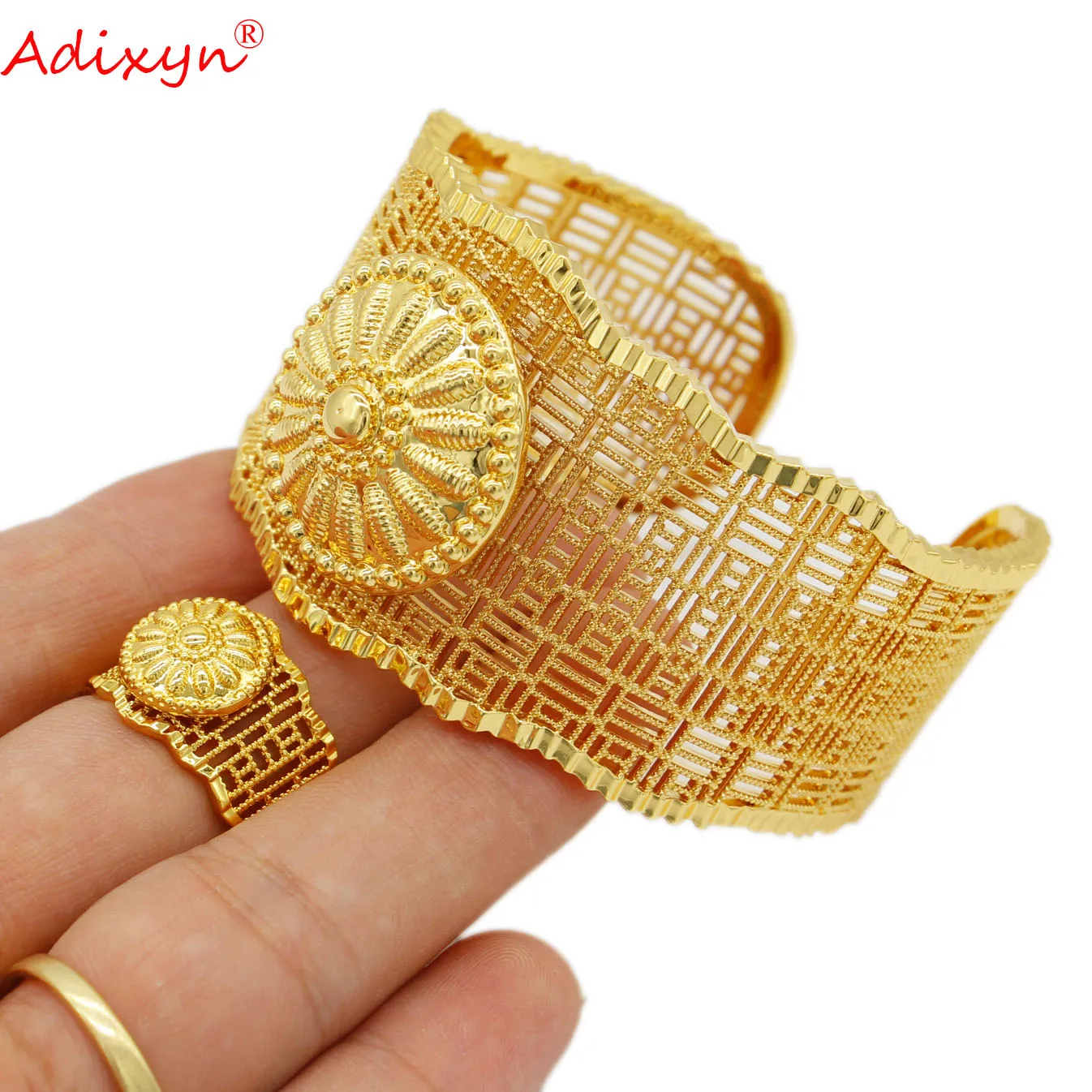 Adixyn 24K Gold Color Bangle and Ring set Jewelry Dubai Arab Women Men Hand Bracelet Christmas Gifts N10276