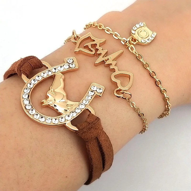 hzew 3pcs/set Leather rope horse head horseshoe electrocardiogram  crystal horseshoe Letter A-Z bracelet horse gift