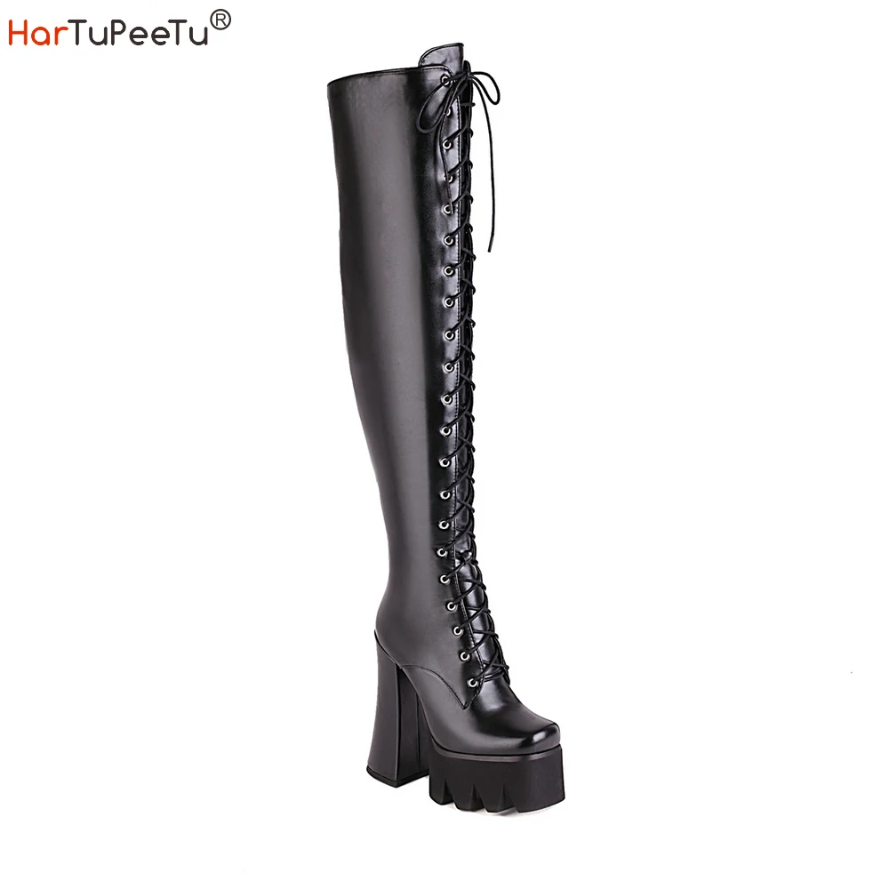 

Platform Over the Knee Motorcycle Boots Women Leather Size 12 Goth Black Chunky High Heel Lace-Up Combat Biker Riding Booties