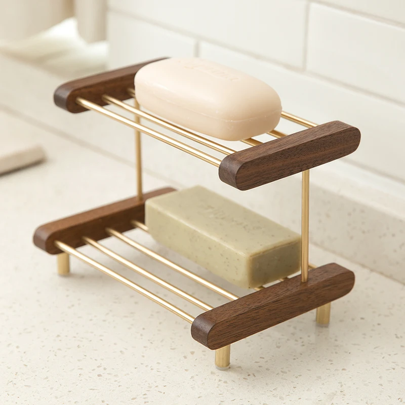 Bathroom Soap Organizer Wooden Brass Soap Storage Holder Shelf Container Double Layer Drain Rack Home Hotel Shower Room Soap Box