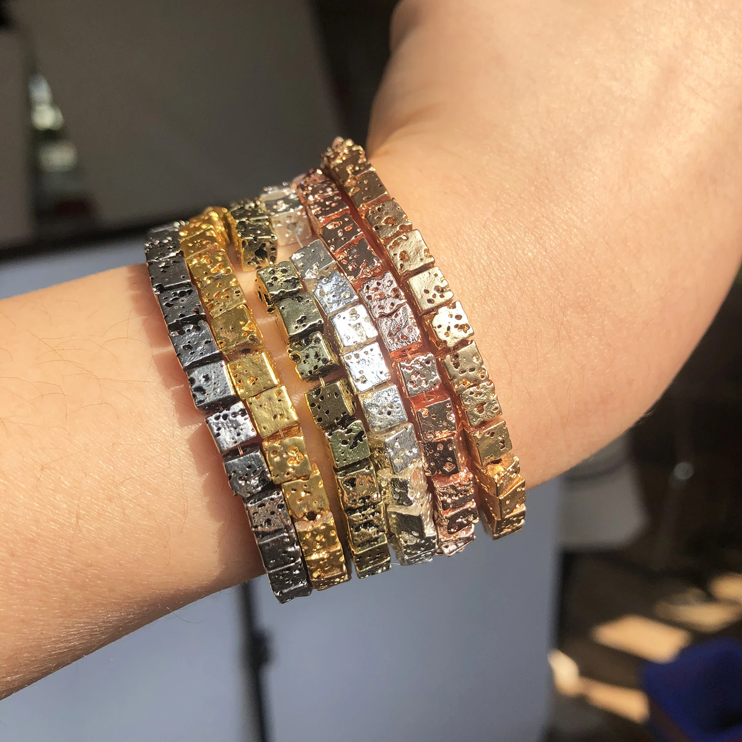 3 4 مللي متر الحمم البركانية الطبيعية حجر أسود الروديوم الذهب اللون ساحة الهيماتيت فضفاض الخرز لصنع المجوهرات سوار ذاتي الصنع 15'' #4