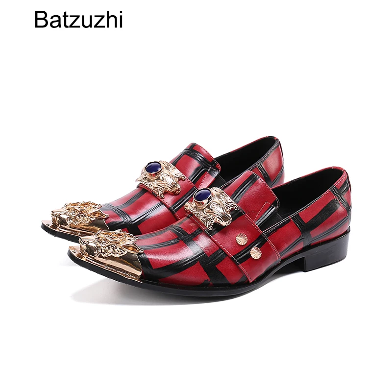 

Batzuzhi Italian Style Men's Shoes Red Genuine Leather Dress Shoes Men Pointed Iron Toe Slip on Party & Wedding Shoes for Men