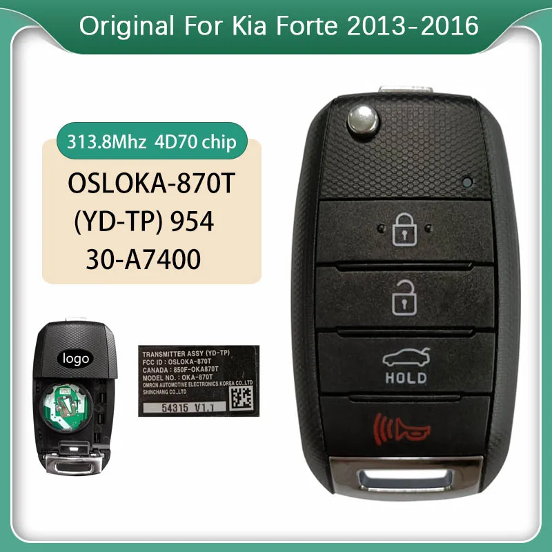 

CN051138 Original 4 Button Flip Key Fob For Kia Forte 2013-2016 Remote car Key OSLOKA-870T (YD-TP) 95430-A7400 4D70 chip