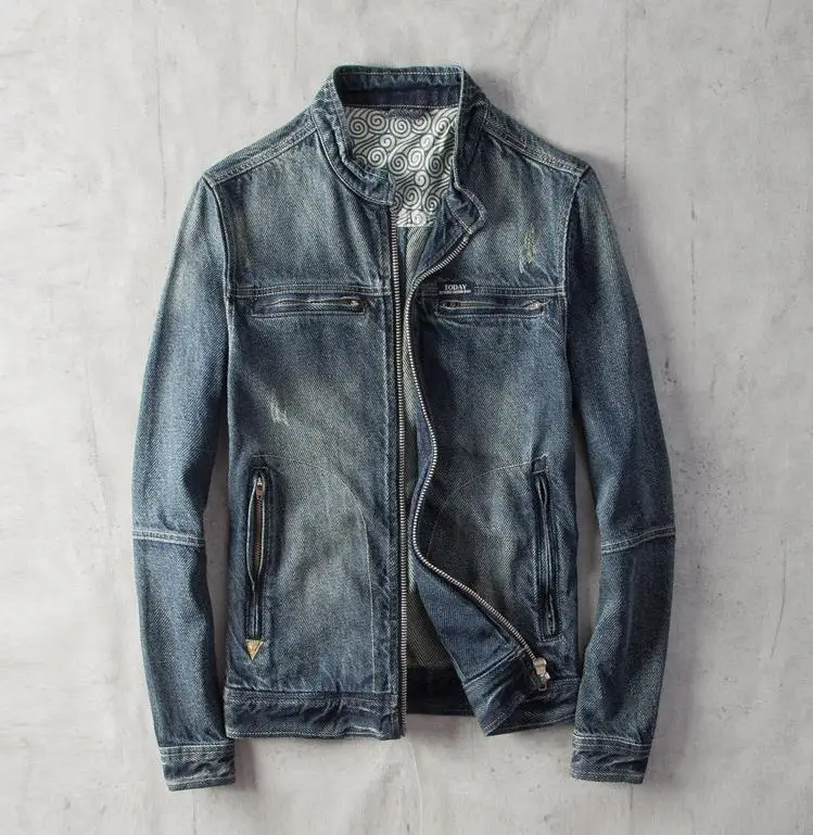 

Jacket Men's Denim Male Stand Collar Vintage Zipper Motorcycle Biker Jackets Casual Cowboy Coats High Quality