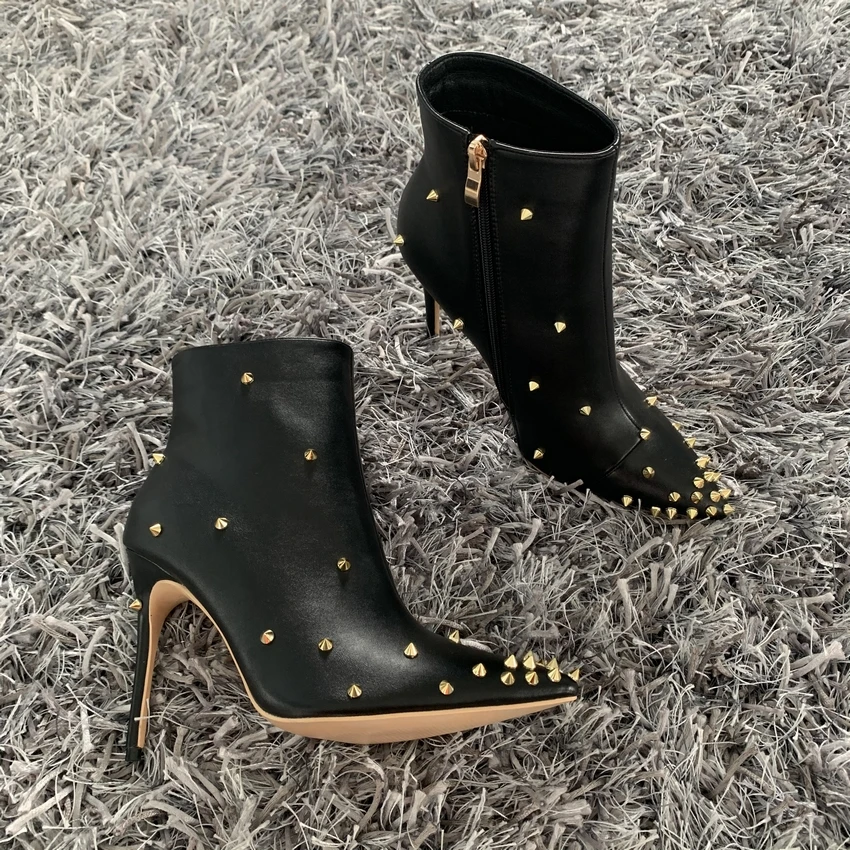 2020 Fashion Women Boots 10cm High Heels Rivets Ankle Boots Plus Size 42 Thin Heels Winter Boots Stiletto PU Leather Black Shoes