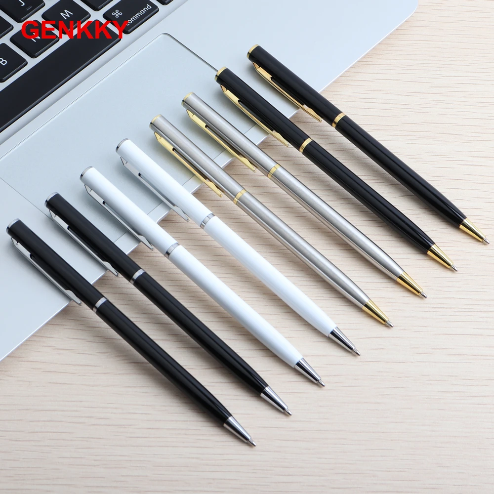 GENKKY Metal Ballpoint Pen Set Rotating Metal Old Oil Pens For School Stationery Ball Pens High Quality Ink Colors Black Blue