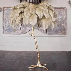 Lámpara de pie de plumas de avestruz para el hogar, decoración nórdica, lámparas de pie de cobre de lujo modernas para sala de estar, iluminación de luz de pie de resina