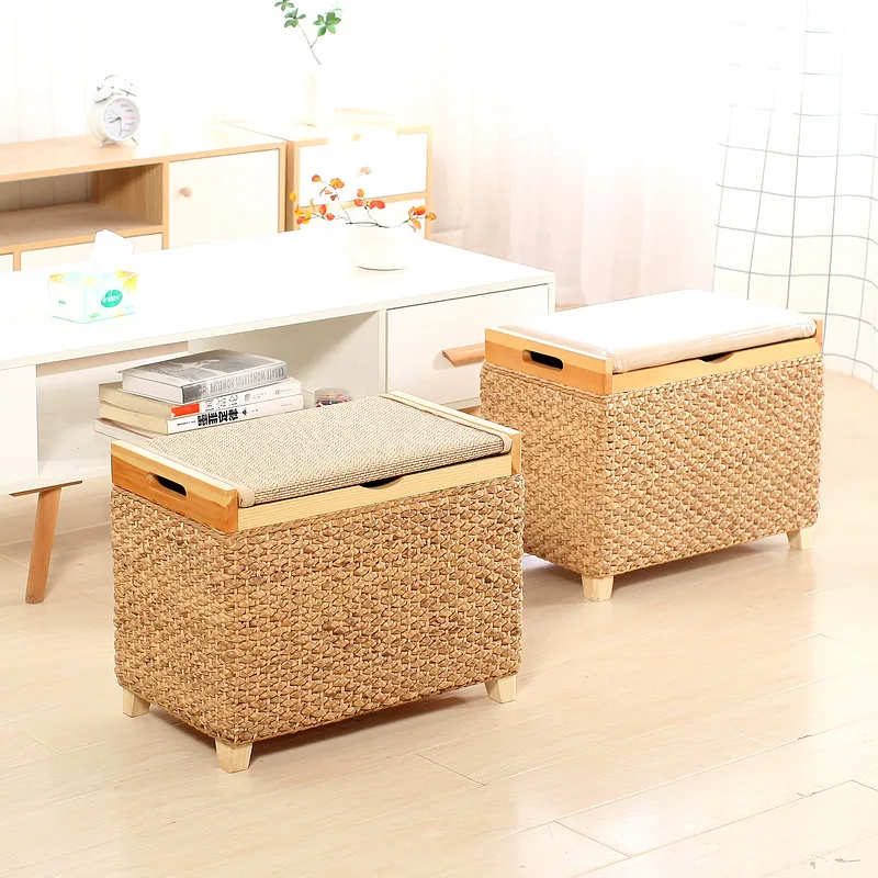 Living Room Furniture Rattan Solid Wood Storage Stool Small Shoe Cabinet Storage Box Mobile Kitchen Stools Pouf Office Footrest