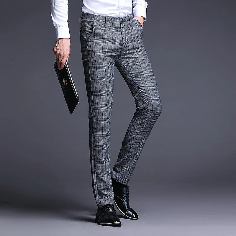 Plaid Dress Trousers Men Stretch Skinny Men Suit Pants Length Formal Business Summer dress Pants for men Trousers