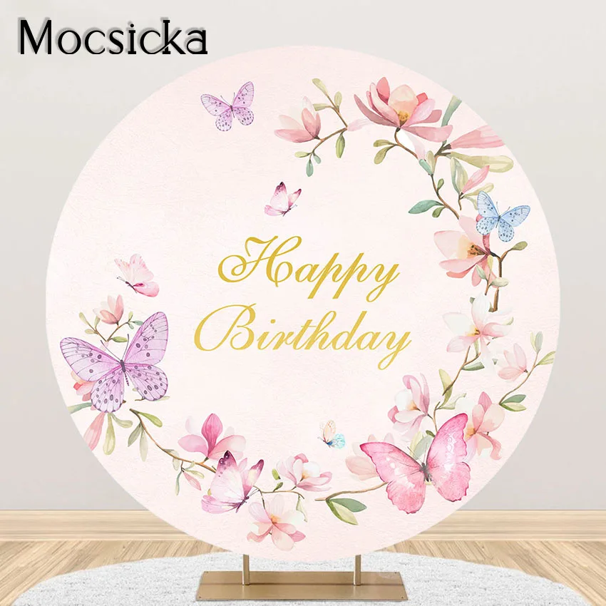 

Mocsicka Butterfly Birthday Party Backdrop for Girls Fairy Butterflies Floral Princess Tea Party Round Elastic Circle Cover