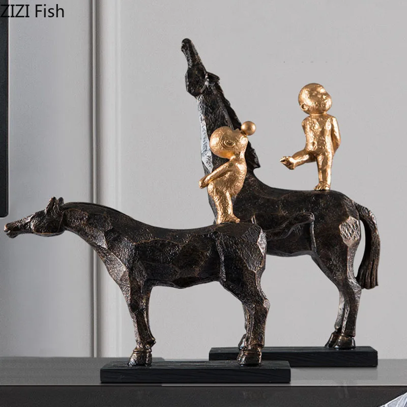 Cute Boy Rider Black Horse Ornaments Desktop Decor Abstract Artwork Resin Crafts Sculpture Living Room Decoration Furnishings