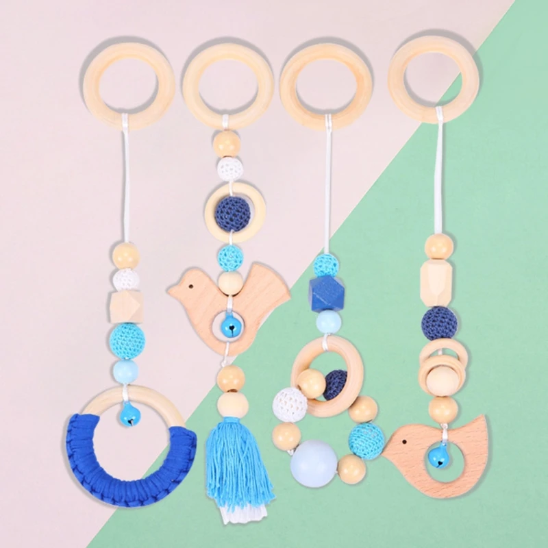 4Pcs/Set Baby Gym Frame Stroller Hanging Pendants Wooden Ring Teether Molar Teething Nursing Rattle Toys Gifts Infant Room Decor