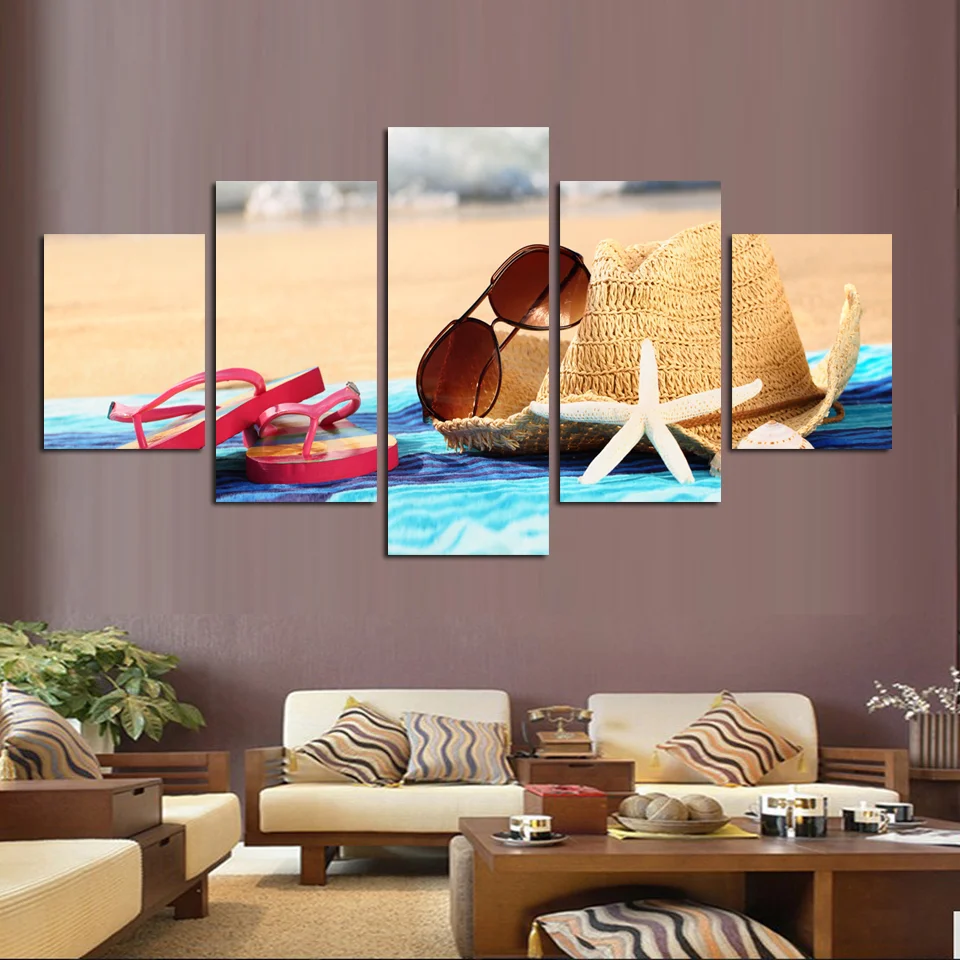 

5 Panels Wall Art Canvas Painting Beach Sun Hat and Sunglasses Slippers Clean Print as the Living Room to Decorate Artistic Gift