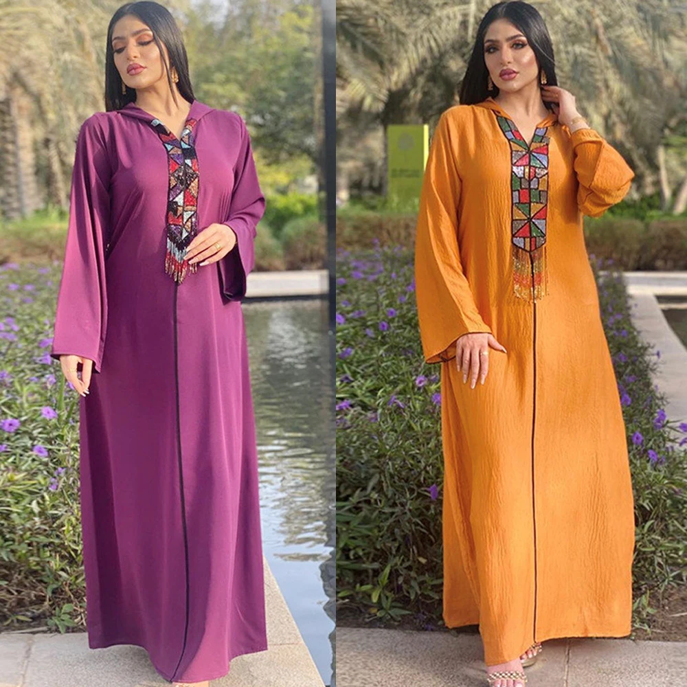 

Muslim Women Abaya Colorful Beads Hooded Long Dress Arabic Caftan Maxi Robe Gown Ramadan Islamic Turkish Middle East Moroccanm