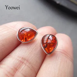 Yoowei Small Amber Earrings for Women 9*7mm Tiny Teardrop Shape Genuine Natural Amber Stud Earrings Girls Jewelry Gift Wholesale