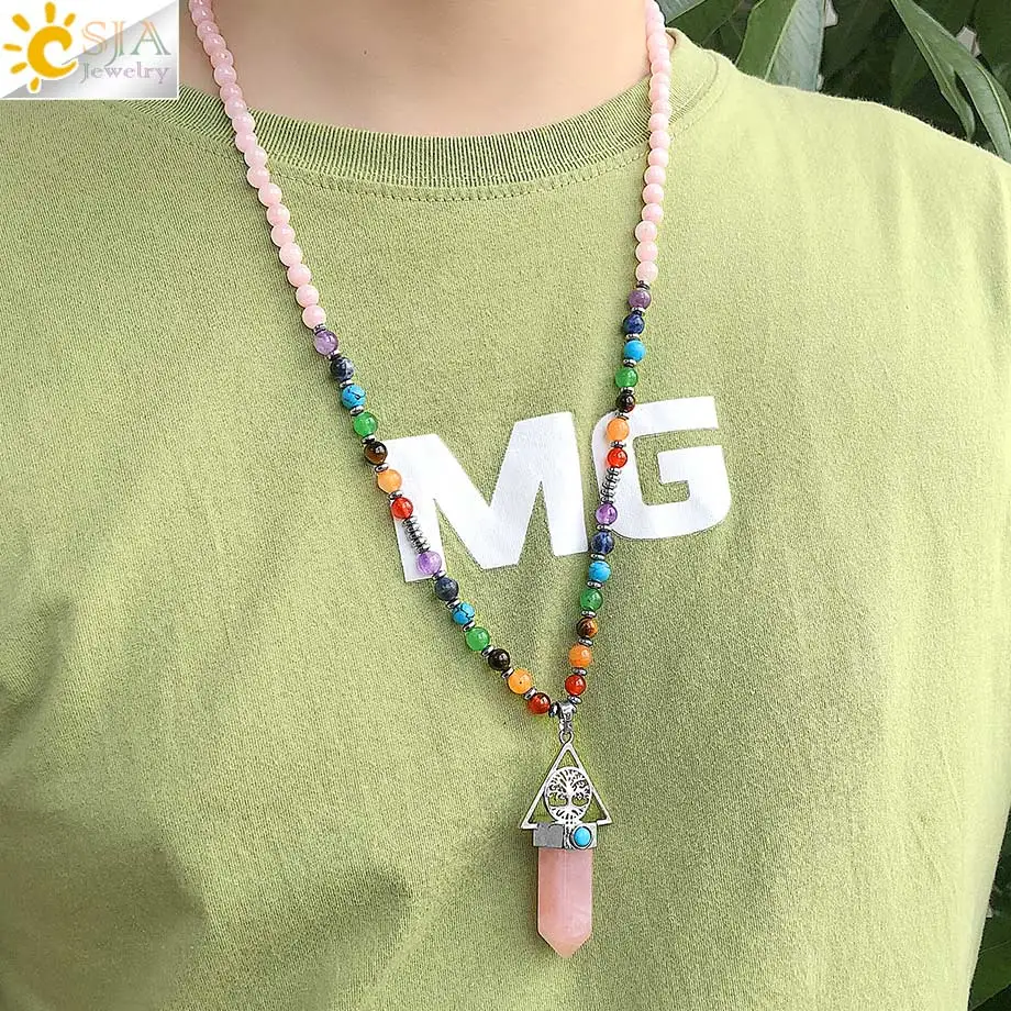 CSJA 7 Chakras Reiki Long Natural Gem Stone Necklace Hexagonal Tree of Life Pendant  Purple Pink Tiger Eye Crystal Jewelry G787