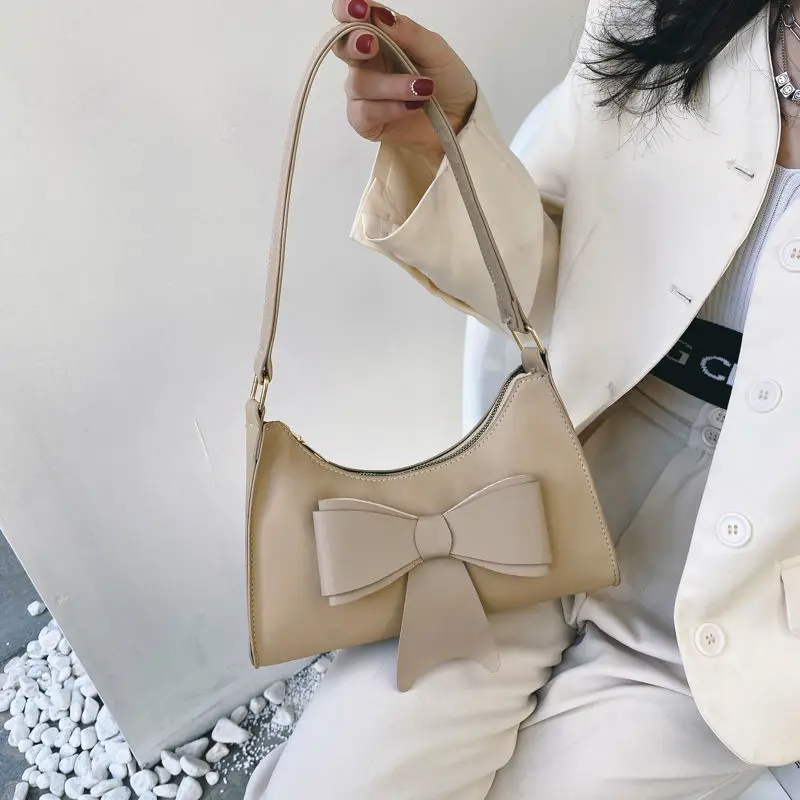 Shoulder Bags Women White Bow Ladies Underarm PopularVintage Fashion Designer Luxury All-match Zipper Branded New Ins Handbags