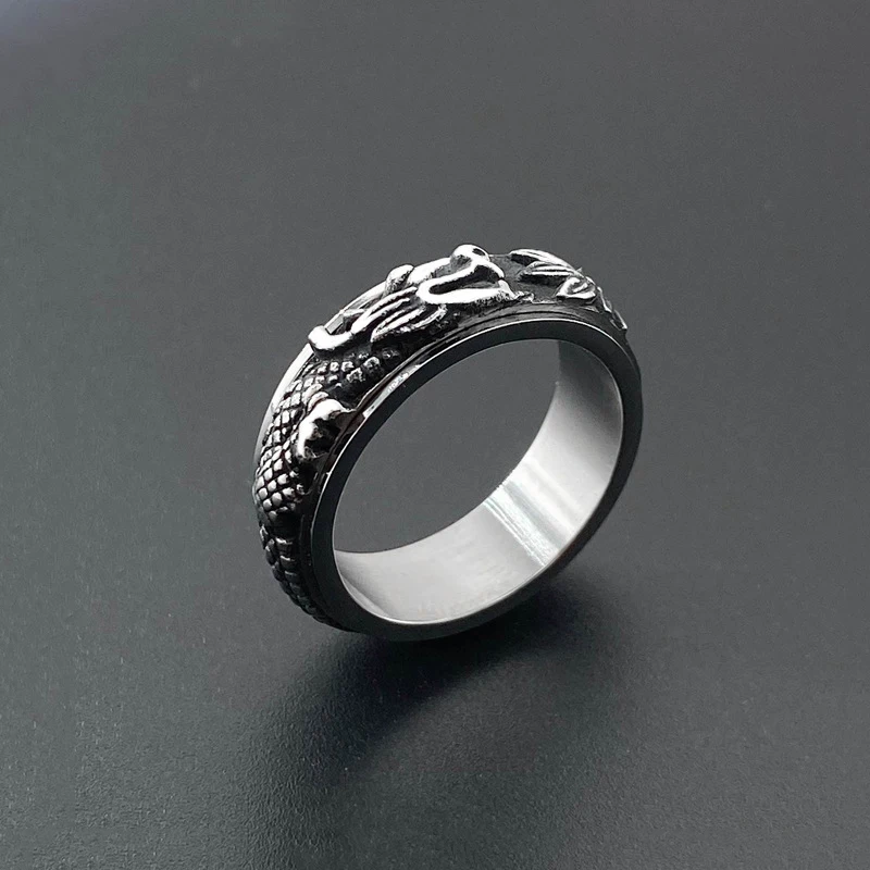 Hip Hop Viking Nordic Mythology Dragon Men Rotatable Stainless Steel Ring Defense Totem Rock Unisex Finger Spinner Ring Gift