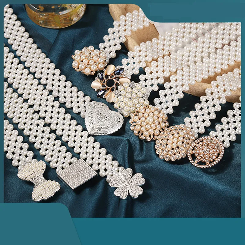 Luksusowa moda perła elastyczna talia łańcuch damski koreański pas Rhinestone kwiat talia akcesoria słodki Temperament akcesoria