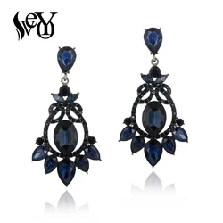 VEYO Vintage Hollow out Dark Bule Rhinestone Drop Earrings Long Crystal Dangle Earrings Jewelry For Women New