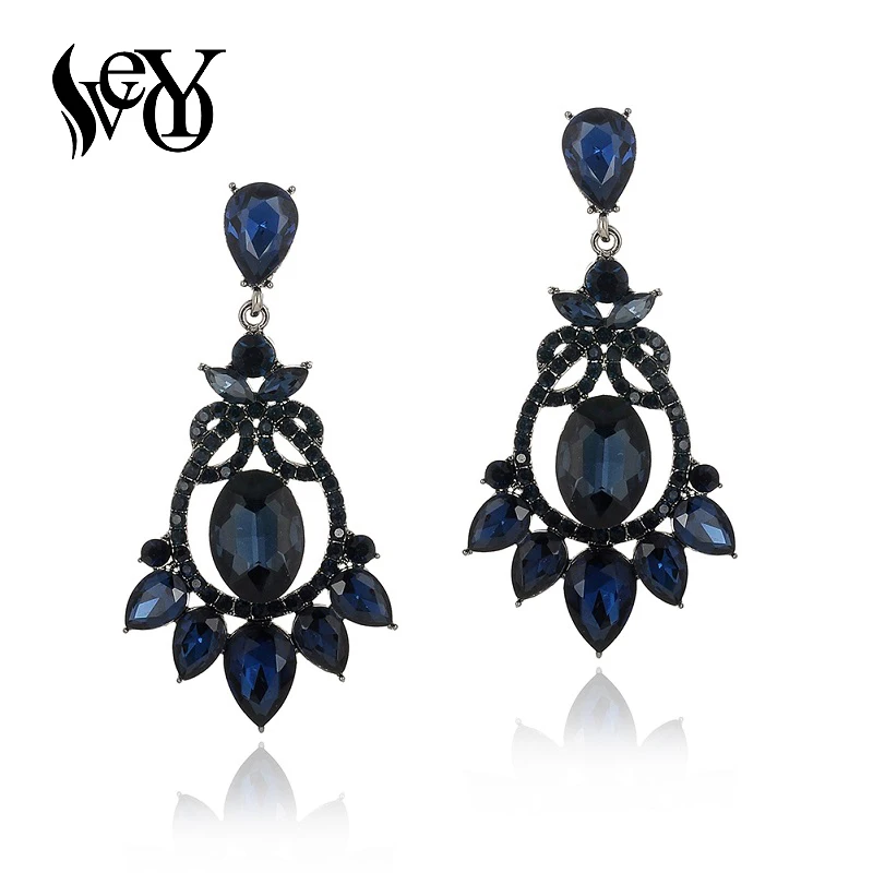 VEYO Vintage Hollow out Dark Bule Rhinestone Drop Earrings Long Crystal Dangle Earrings Jewelry For Women New