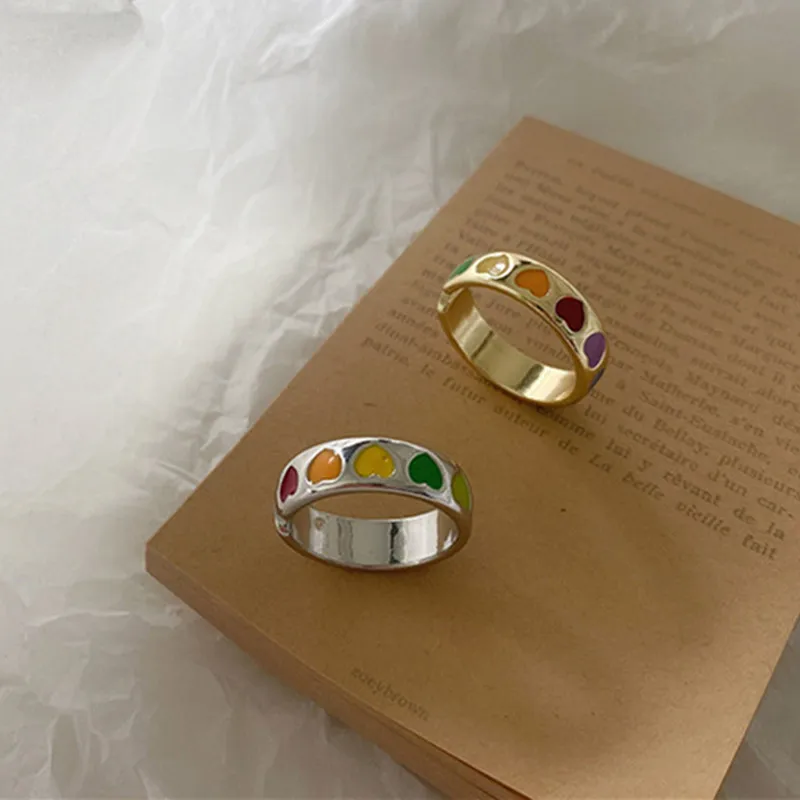 Vintage Bohemia Colorful Enamel Love Heart Ring Cute Simple Metal Rings for Women Punk Rock Jewelry