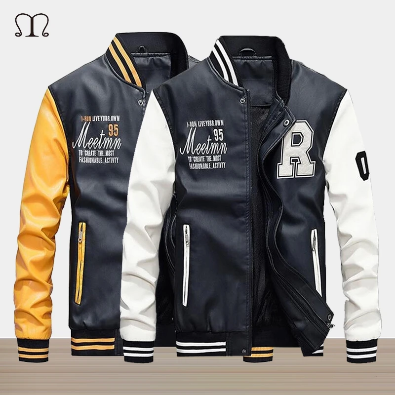 

Men Leather Jacket Winter Fad Brand Embroidery Baseball Jackets Male Streetwear Coats Warm Fleece Pilot Bomber Jacket Outwear