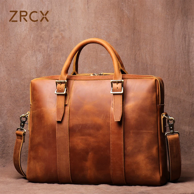 ZRCX-maletín Vintage para hombre, bolso de hombro de cuero genuino Crazy Horse, informal, marrón, a la moda, para ordenador portátil de 15,6 pulgadas