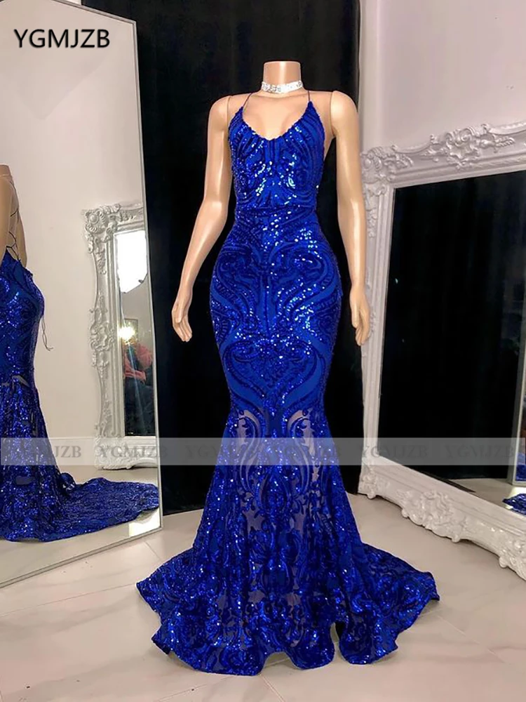 Vestidos de baile sexy sem costas femininos, sereia, lantejoulas brilhantes, gola V, azul royal, africano, vestidos de festa formais, garota negra, 2023