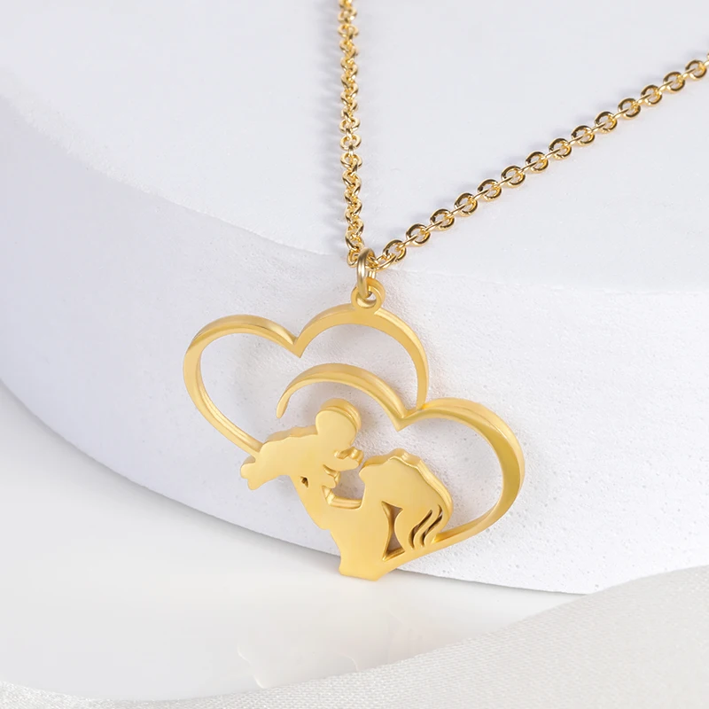 Women\'s Baby Mom Stainless Steel Gold Color Chain Necklace Double Love Heart Necklace Mujer Mother\'s Day Christmas Gift Jewelry