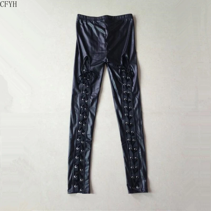 Sexy Back Bandage Skinny Leggings Latex Women Legging Pants Lace Up Black Pencil Pants Faux Leather Gothic Punk Clubwear