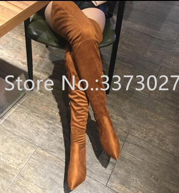 Brown Suede Metal Heel Woman Long Boots Sexy Nude Color Thin Legs Thigh High Boots Lady Sexy Party Shoes Dropship Knee Boots