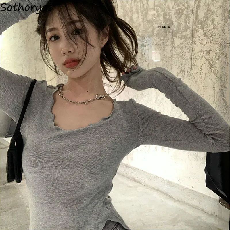 Long Sleeve T-shirts Women Fungus Line Irregular Hem Knitted Slender Autumn Bottoming Tees Chic Fashion Sexy Solid Ulzzang New