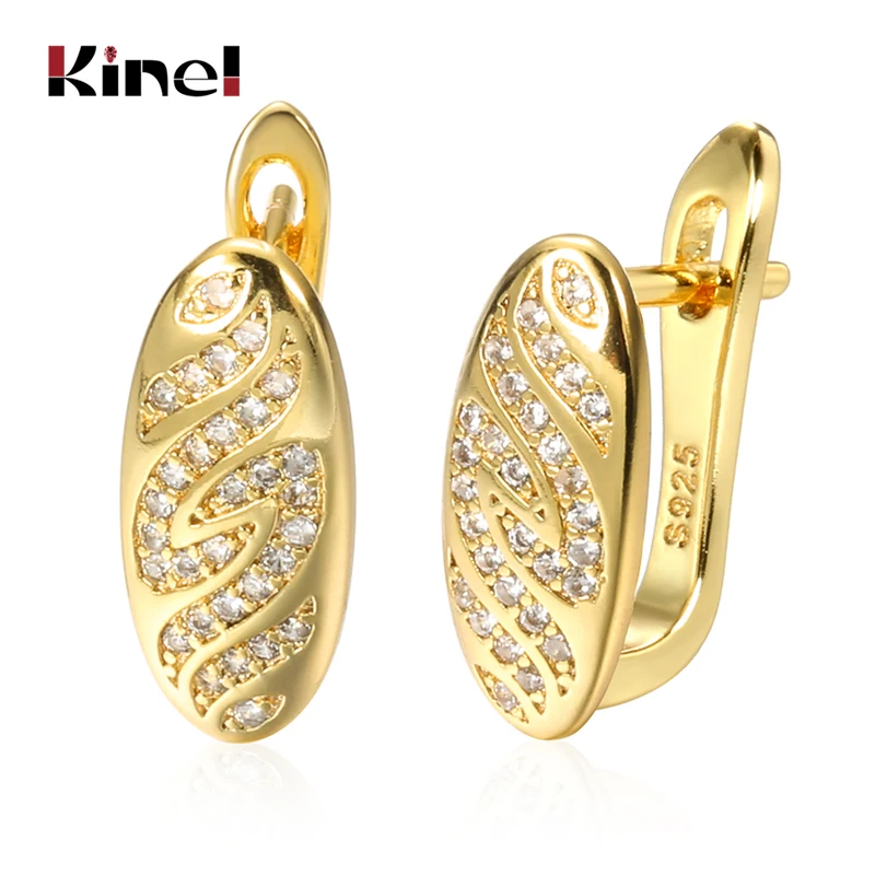 Kinel Luxury 14K Real Gold Plated Leaves Drop Earrings Delicate Micro Inlaid Cubic Zircon Earrings Bride Wedding Jewelry