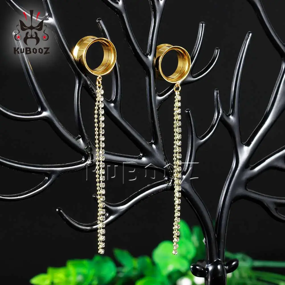 KUBOOZ Fashion Stainless Steel Bohemia Tassels Earrings Ear Tunnels Plugs Gagues 2PCS