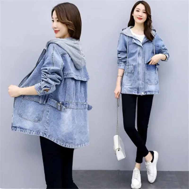 Women\'s Jean Jacket 2023 Spring And Autumn New Hooded Denim Jacket Female Mid-Length Female Korean Loose