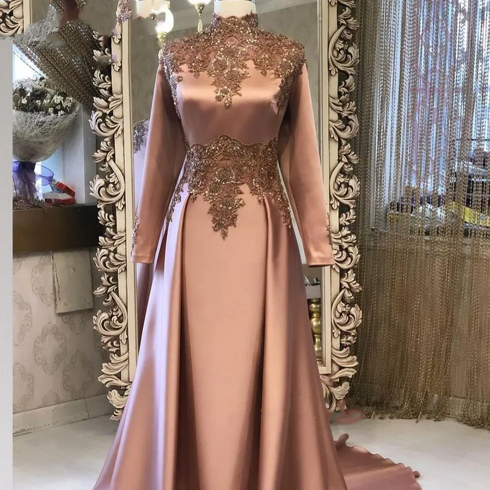 Elegante Bruine Dubai Arabische Moslim Lange Mouwen Avondjurken Kralen Kanten Appliques Formele Prom Party Jurken Gewaden De Soirée